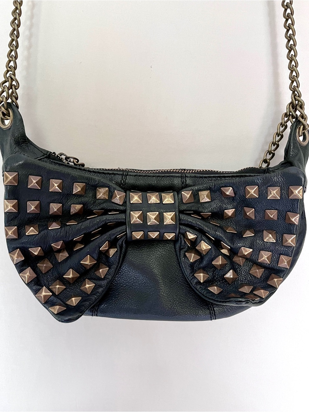 Dune Leather Studded Bow Crossbody Bag Black Chain Strap